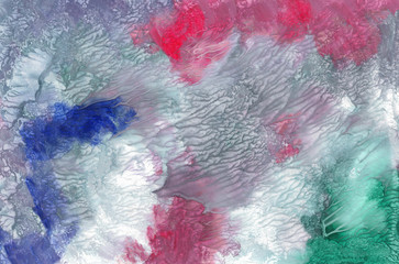 Hand-drawn texture, monotype, abstract background gouach painting, paint splashes, drops, strokes in grey, blue, red , green colors. Design for backgrounds, wallpapers, covers and packaging.