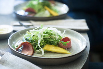 Freshly made duck salad with mango