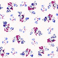 Fototapeta premium Delicate seamless ornament with lace pattern against gentle blue flowers on light background. Print for fabric, wallpaper.