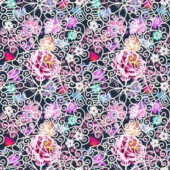 Seamless pattern with bright garden flowers, butterflies and paisley and lace ornament. Romantic print for fabric.