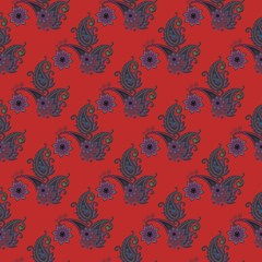 Bright seamless repeat pattern with paisley and mandala flowers on red background. Ethnic style. Indian, chinese, damask, turkish motifs.
