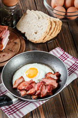 Slices of smoked bacon and fried egg in frying pan