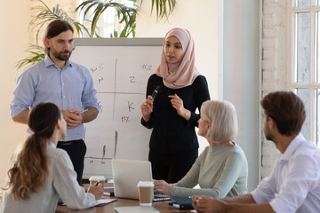 Two diverse business speakers give whiteboard presentation at conference training