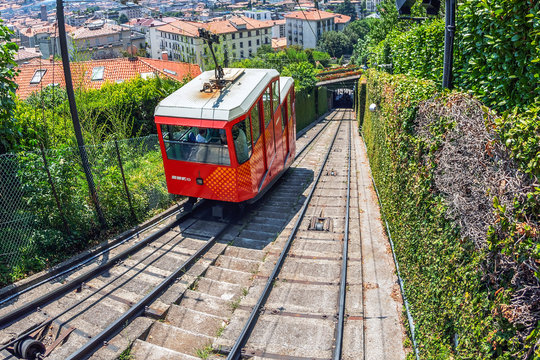View from tunnel with funicular Railway in Citta Alta Bergamo, Italy