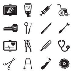 Medical Devices And Equipment Icons. Black Flat Design. Vector Illustration.