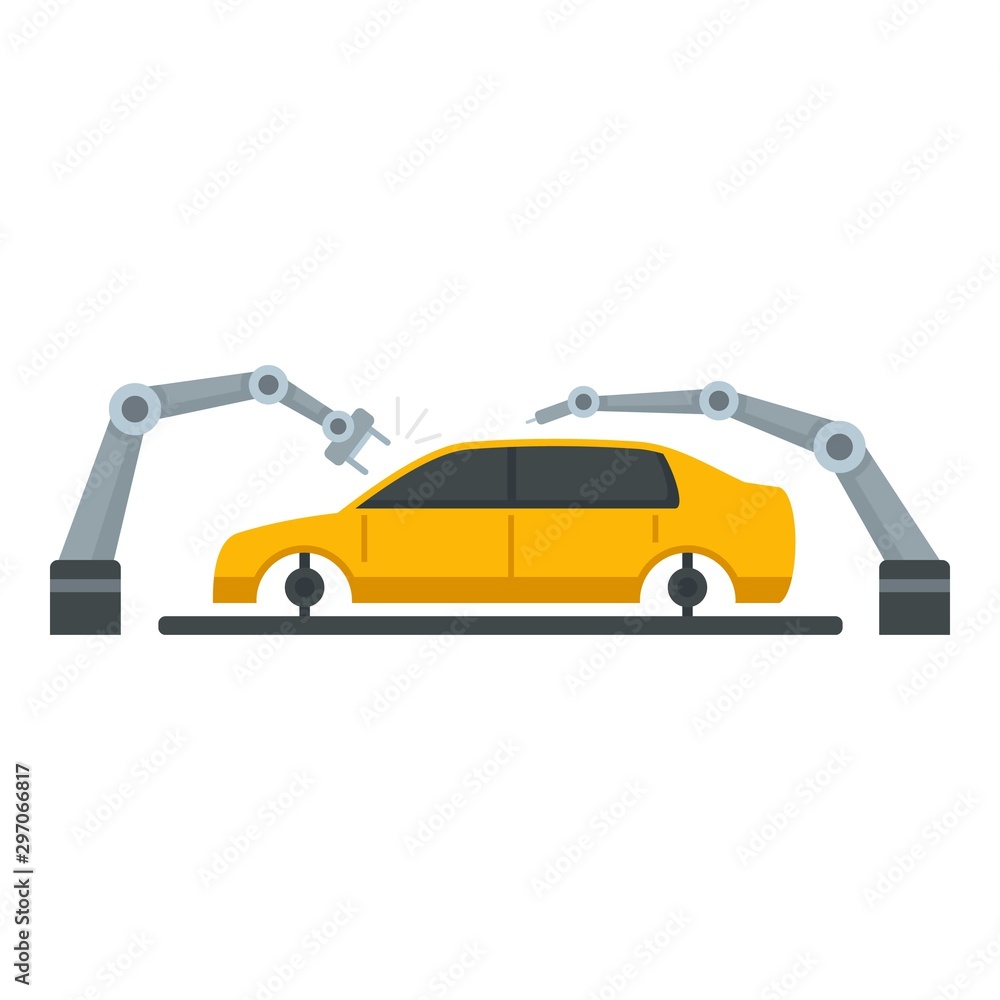 Poster robot arm car assembly icon. flat illustration of robot arm car assembly vector icon for web design