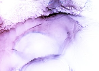 Abstract background in alcohol ink technique. Violet ice marble texture. Wash drawing effect wallpaper. Modern illustration for card design, creative banners and ethereal graphic design.