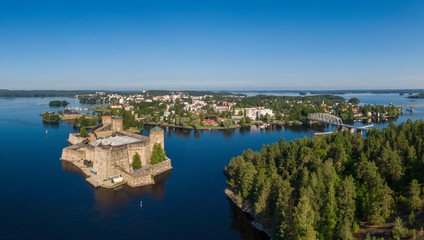 Aerial view of Olavinlinna castle and Savonlinna town in Finland