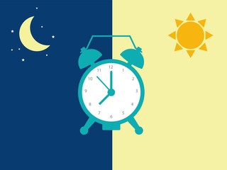 Day and night time concept. Alarm clock between night time side and day time side
