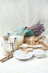 Eco friendly products for home cleaning on white background. zero waste lifestyle. Ingredient DIY - essential oil, salt, bath soap, soda, lavender. Natural cosmetic cleaning and care product.