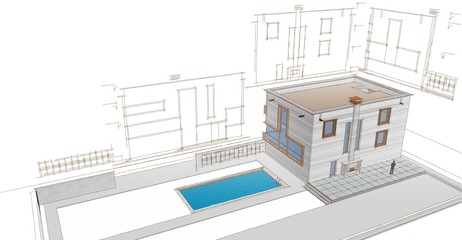 Fototapeta na wymiar house architectural sketch 3d illustration