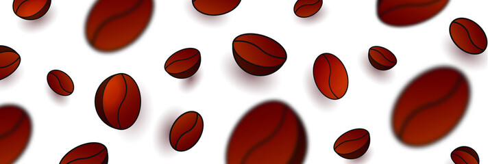 Vector banner background with 3d coffee beans of random size pattern, with focus blur foreground on white backdrop