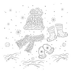 Black and white drawing of knitted warm clothes, hats, mittens, scarf, socks. Drawing coloring book