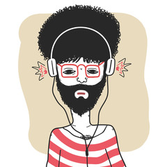 Curly haired guy in striped t shirt with headphones