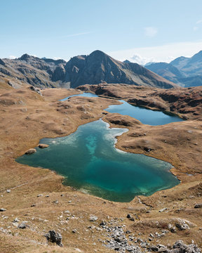Aerial view of the Palasina Lakes in the westernalps, Aosta Valley, Italy in a clear autumn day