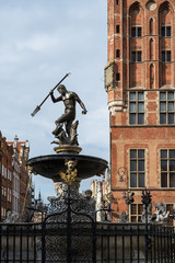 Fountain of the Neptune in old town of Gdansk, Poland