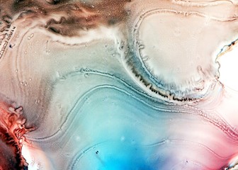 Abstract illustration in alcohol ink technique. Brown, blue and magenta marble texture. Wash drawing effect wallpaper. Modern illustration for card design, banners, ethereal graphic design. - 297069286
