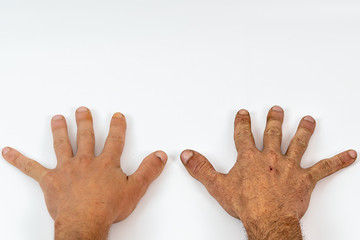 Young hand and same aged hand isolated on White background, free space for text