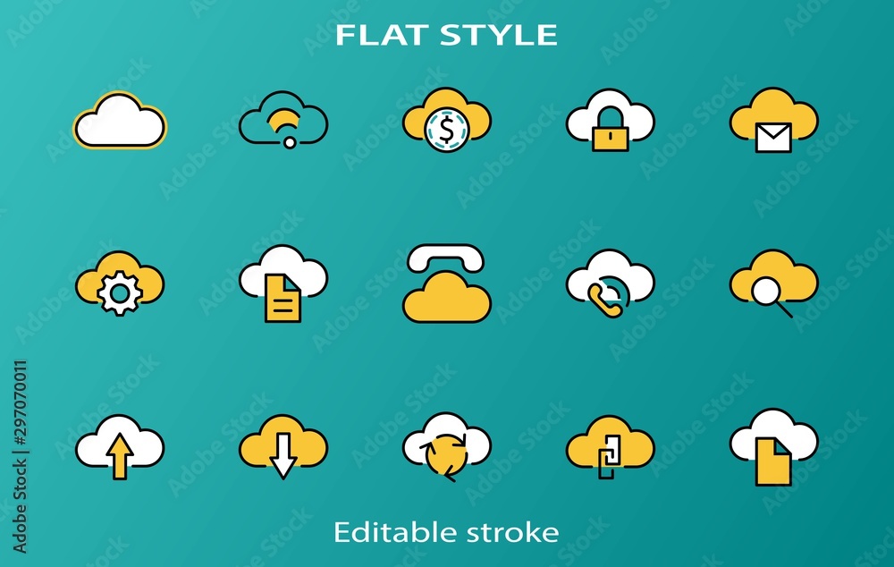 Poster set of cloud vector line icon. it contains symbols to upload, download, link and more. editable stro
