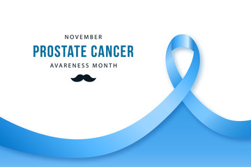 Prostate Cancer awareness banner. Realistic blue ribbon, prostate cancer symbol. Vector design template for infographics, websites, billboards, etc. - 297070275