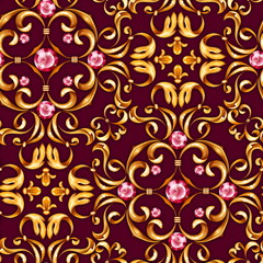 Seamless baroque pattern with decorative golden leaves and gems