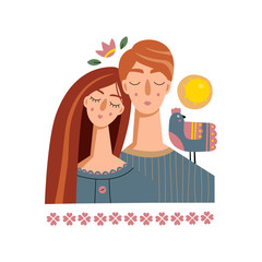 Romantic illustration with people. A young man and a young woman stand side by side. Love, love story, relationship. Vector design concept in folk art style for Valentine Day and other users. - 297073289
