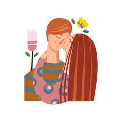 Romantic illustration with people. A young  woman kisses a young  man on the cheek. Love, love story, relationship. Vector design concept in folk art style for Valentine Day and other users. - 297073290