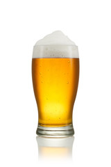 Full glass of beer isolated on white background with reflection
