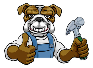 A bulldog cartoon animal mascot carpenter or handyman builder construction maintenance contractor peeking around a sign holding a hammer and giving a thumbs up