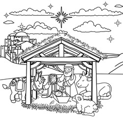 A Christmas nativity scene coloring cartoon, with baby Jesus, Mary and Joseph in the manger and donkey and other animals. The City of Bethlehem and star above. Christian religious illustration.
