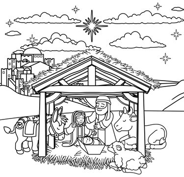 A Christmas nativity scene coloring cartoon, with baby Jesus, Mary and Joseph in the manger and donkey and other animals. The City of Bethlehem and star above. Christian religious illustration.