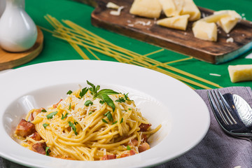 Delicious Italian pasta with creamy and bacon in a white plate. Spaghetti with carbonara sauce and parmesan Italian style.