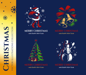 Merry Christmas and Happy New Year  vector illustration collection with christmas bell, santa claus, christmas tree and snowman.