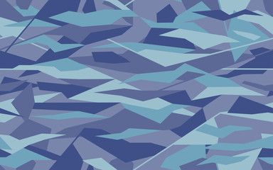 Geometric camouflage design in tender blue and purple colors. Camo pattern made in triangular shape. Seamless texure. Creative background for textile prints. Stock vector