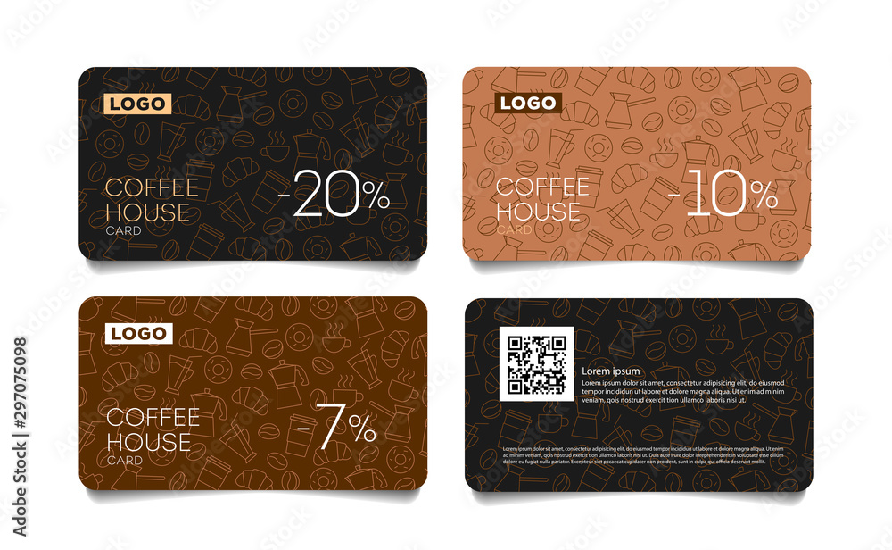 Wall mural discount card or voucher for coffee house with line pattern of coffee beans, cups and breakfast food