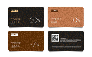 Discount card or voucher for coffee house with line pattern of coffee beans, cups and breakfast food