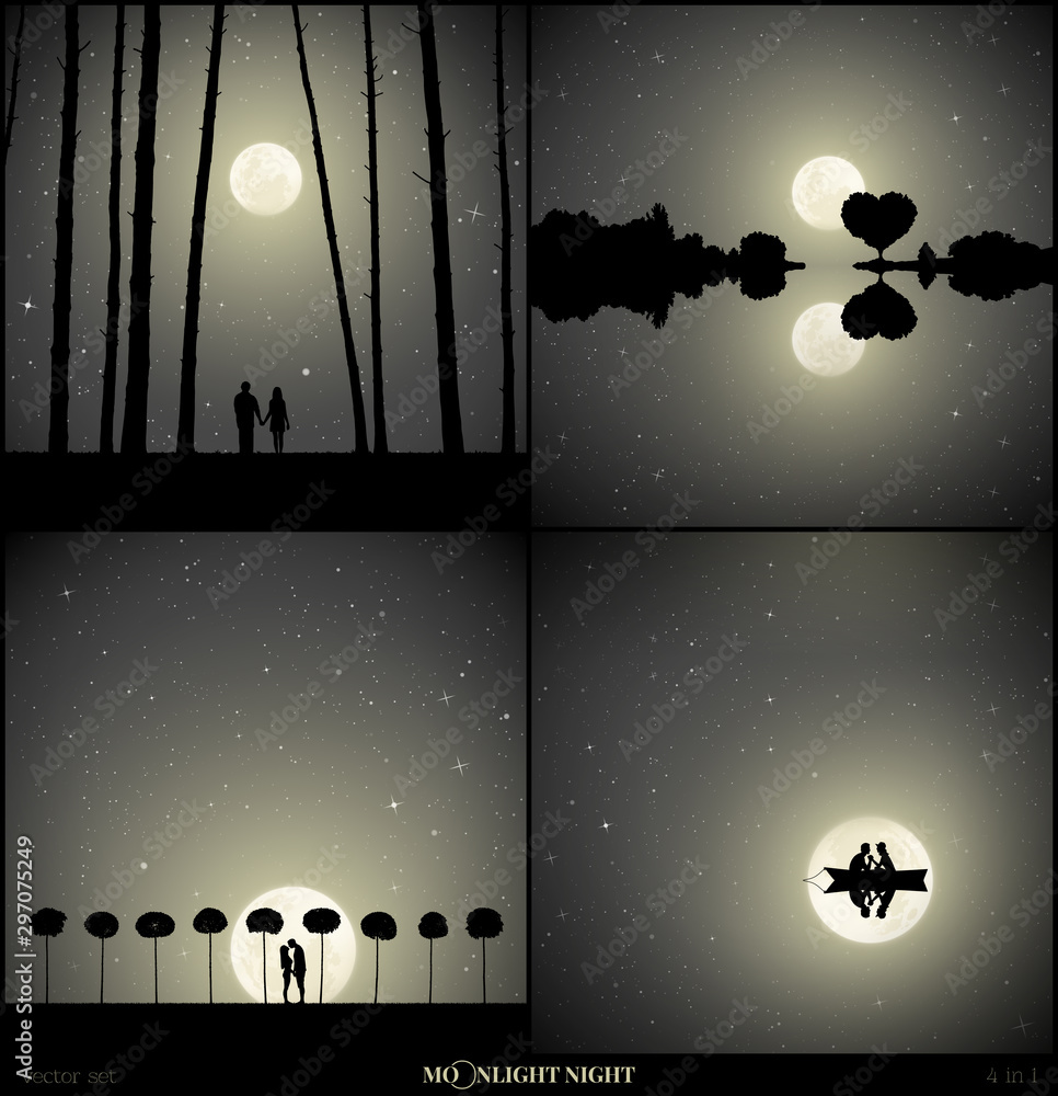 Sticker set of vector illustrations with silhouettes of people in park on moonlit night. lovers in forest be
