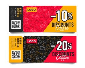 Promotion event admission tickets with torn off part, coffee beans cups and breakfast food pattern and discounts