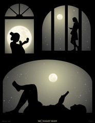 Set of vector illustrations with silhouettes of people in windows on moonlit night. Lying woman with mobile phone. Girl with mirror doing makeup. Full moon in starry sky