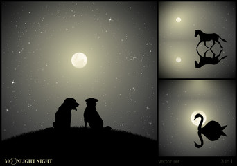 Set of vector illustrations with silhouettes of animals on moonlit night. Dog friends sitting on hill. Running horse reflected in water. Swan on lake. Full moon in starry sky
