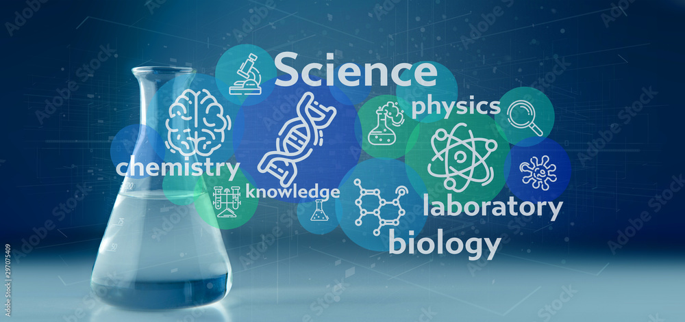Poster view of a science icons and title on a lab background