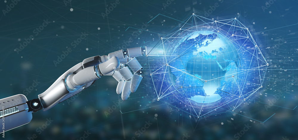 Poster cyborg hand holding a connected network over a earth globe concept on a futuristic interface - 3d re