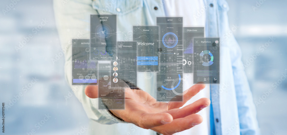 Poster businessman holding user interface screens with icon, stats and data 3d rendering