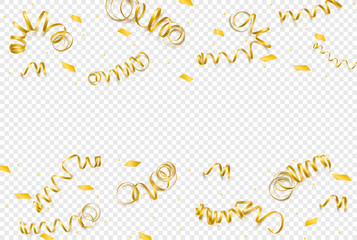 Obraz premium Vector celebration template with serpentine and confetti and carnival ribbon on transparent background.
