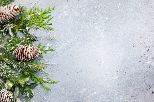 Christmas or winter background with a border of green and frosted evergreen branches and pine cones on a grey vintage board. Flat lay