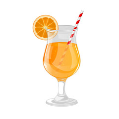 A refreshing orange cocktail in a glass goblet, with a slice of orange on it and a cocktail straw.