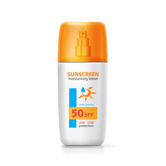 Sun cream spray bottle. Realistic sunblock lotion sprayer package. Sun screen container isolated
