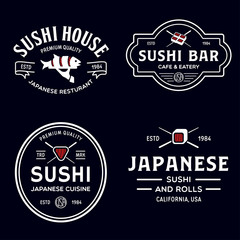 Sushi shop labels and badges design templates set vector, japanese food logos design.