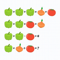 Mathematics educational game for school pupils. Learning multiplication, simple fractions, division, addition, subtraction, equations worksheet for school. Math game puzzle for critical thinking.