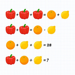 Mathematics educational game for school pupils. Learning multiplication of simple fractions, division, addition, subtraction, equations worksheet for school. Math game puzzle for critical thinking.